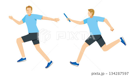 リレーのバトンパスをする白人系男性ランナーのイラストセット|陸上競技・スプリント リレーのバトンパスをする白人系男性ランナーのイラストセット|陸上競技・スプリント 134287597