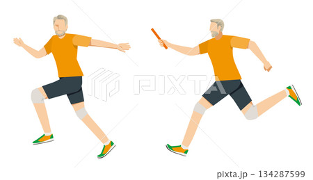 リレーのバトンパスをする高齢白人系男性ランナーのイラストセット|陸上競技・スプリント リレーのバトンパスをする高齢白人系男性ランナーのイラストセット|陸上競技・スプリント 134287599