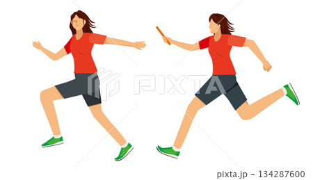 リレーのバトンパスをする女性ランナーのイラストセット|陸上競技・スプリント リレーのバトンパスをする女性ランナーのイラストセット|陸上競技・スプリント 134287600