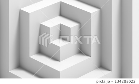Pristine white composition featuring nested cubic shapes and deep shadows, 3d render Pristine white composition featuring nested cubic shapes and deep shadows, 3d render 134288022
