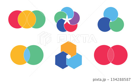 Graphical Venn diagram infographic sections set. Overlapping shapes circles chart line. Venn diagrams with overlapping circles, showing a common area, for infographic presentation 134288587