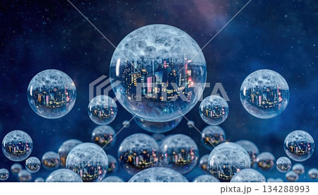 A collection of glowing crystal globes floats in the winter sky reflecting a distant city, creating a surreal magical vision filled with depth, wonder, soft light, and gentle shimmering atmosphere 134288993