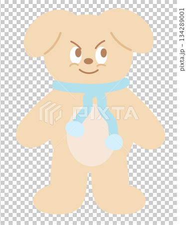 Cute illustration of puppy wearing winter scarf for Christmas, happy new year, animal decoration, dog cartoon, pet shop, vet, character, comic, mascot, patch, brooch, festive icon, animal costume 134289001