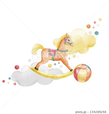 Toys for toddlers. Diagonal composition with a rocking horse, ball, clouds, and colorful dots. Watercolor illustration isolated on a white background suitable for cards, decor, and prints. 134289248
