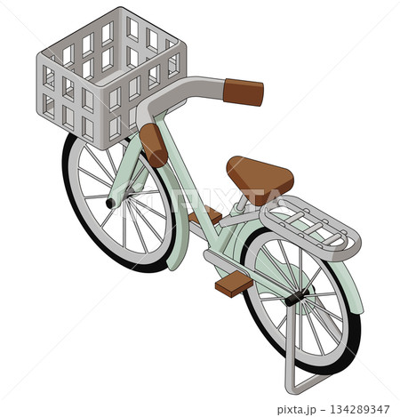 前かご付き自転車のアイソメトリックベクターイラスト。主線あり、左面法、後ろ向き。 134289347