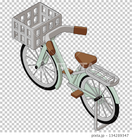 前かご付き自転車のアイソメトリックベクターイラスト。主線あり、左面法、後ろ向き。 134289347