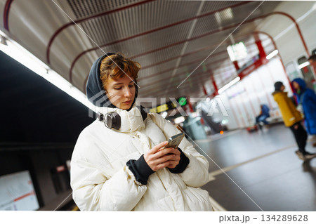 young woman in underground city transport 134289628