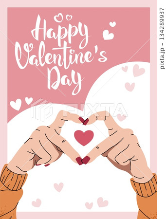 Love Card with Two Hands Forming a Heart Symbol in Flat Style Illustration. Ideal for Banners, Posters, Social Media Posts, Stickers, Prints and Valentines Day Design. Love Card with Two Hands Forming a Heart Symbol in Flat Style Illustration. Ideal for Banners, Posters, Social Media Posts, Stickers, Prints and Valentines Day Design. 134289937