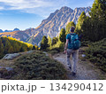 Scuol, Switzerland - October 10th 2025: A female hiker exploring a trail through mountainous forests and alpine peaks. 134290412