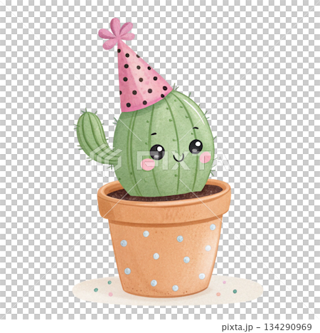 Potted cactus Cute Kawaii wearing a party hat 134290969