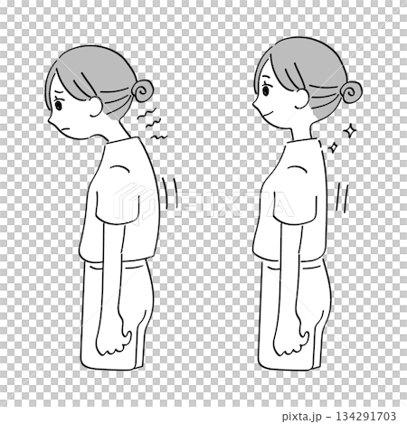 駝背前後及正確姿勢的比較圖（簡筆畫） 134291703