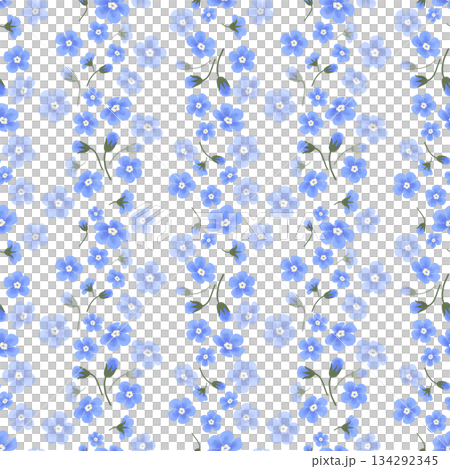 Floral seamless pattern with blue forget-me-nots, hand-drawn watercolor digital illustration in flat naive style. For design 134292345
