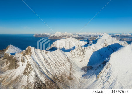 Flight over the fjords, Lofoten Islands, Norway. Scandinavia. Aerial view. Flight over the fjords, Lofoten Islands, Norway. Scandinavia. Aerial view. 134292638