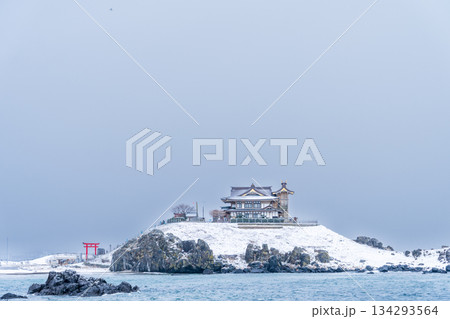 「青森県」雪景色の蕪島　種差海岸 134293564