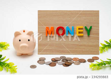 メッセージボードとMoneyの文字と豚の貯金箱 134293663