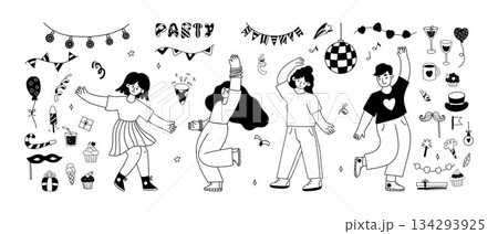 Party Doodle. Outline Happy People Dancing Set. Women Dancers, Festive Tinsel Decoration, Carnival Masks, Christmas Gifts, Food, Drinks and Garlands. Isolated Vector hand drawings on white. Not AI Party Doodle. Outline Happy People Dancing Set. Women Dancers, Festive Tinsel Decoration, Carnival Masks, Christmas Gifts, Food, Drinks and Garlands. Isolated Vector hand drawings on white. Not AI 134293925