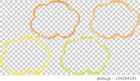 クレヨンで描かれた色々なカラフルな雲の形のフレームセット。らくがき クレヨンで描かれた色々なカラフルな雲の形のフレームセット。らくがき 134294105
