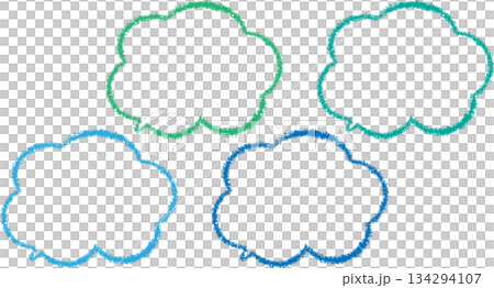 クレヨンで描かれた色々なカラフルな雲の形のフレームセット。らくがき 134294107