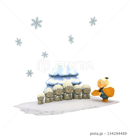 雪の結晶と傘地蔵と優しいお爺さん 134294489