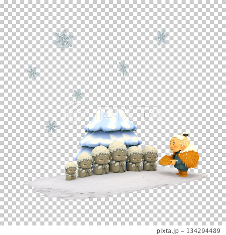 雪の結晶と傘地蔵と優しいお爺さん 134294489