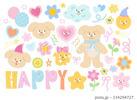 Pastel cute icons such as puppy, flowers, stars, heart, cloud, circle shapes for text bubbles, blank space, text, messages, stickers, cartoon, floral, decoration, doodles, animals, pet, mascot, comic 134294727