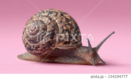 A terrestrial pulmonate gastropod mollusk slowly crosses a plain pink surface, its spotted brown shell clearly visible in a close-up shot. 134294777