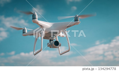 A white drone soars gracefully against a backdrop of clear, blue skies dotted with fluffy clouds. Its propellers create a mesmerizing blur as it navigates the air with precision and ease. 134294778