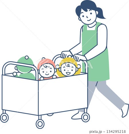 お散歩カートに乗って出かける幼児と保育士 134295218