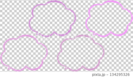 A set of speech bubbles drawn with pink crayons. They are cloud-shaped and come in various shades of pink. They have a cute, hand-drawn look. 134295326