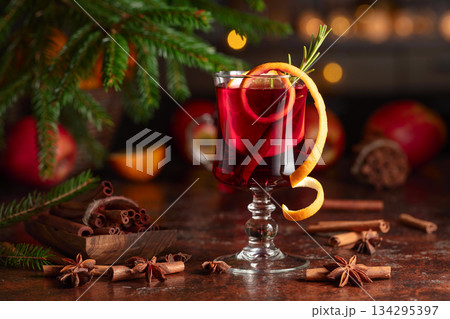 Christmas mulled wine with citrus, cinnamon, anise, and rosemary. Christmas mulled wine with citrus, cinnamon, anise, and rosemary. 134295397