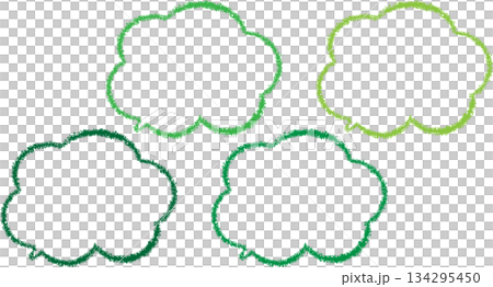 A set of various green speech bubbles. Cute designs drawn with crayons. Hand-drawn cloud-shaped. 134295450