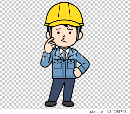 A male site supervisor wearing a helmet with a dissatisfied look on his face 134295708