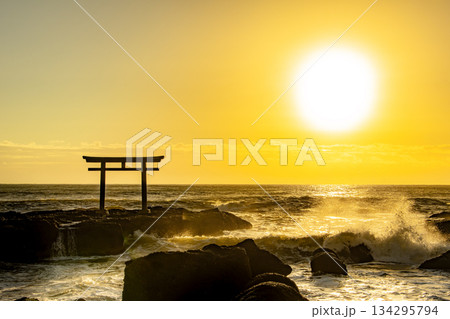 大洗海岸の鳥居と朝日 134295794