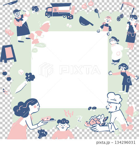 活気あるマルシェと食のイベントのフレーム素材　人々が笑顔で集う温かい手書きイラスト 134296031