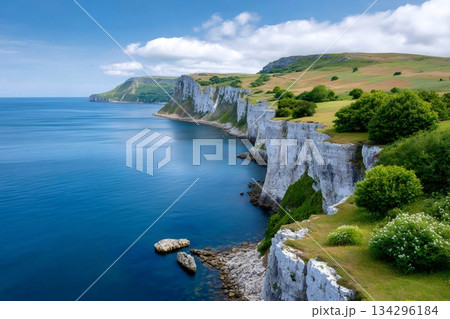 White limestone cliffs lining Northern Ireland coast 134296184