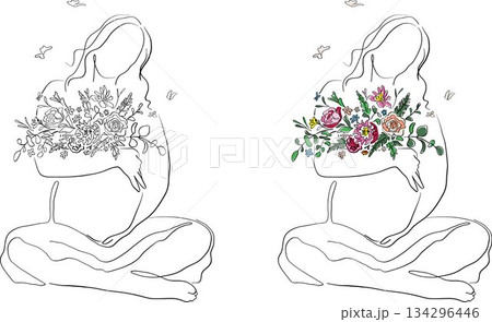 Beautiful pregnant woman line art. Pregnant belly 134296446