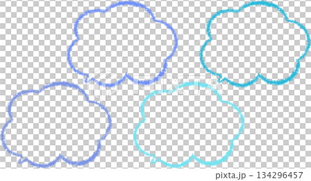 A simple fluffy speech bubble set drawn with crayons. A set of four colored speech bubbles. Hand-drawn cloud shapes. 134296457