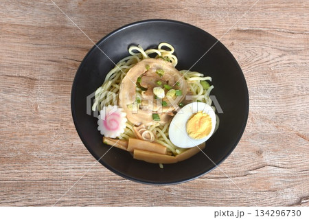Tonkotsu Chashu ramen orJapanese yellow noodles topping slice braised pork with boiled egg in Miso soy sauce on bowl 134296730