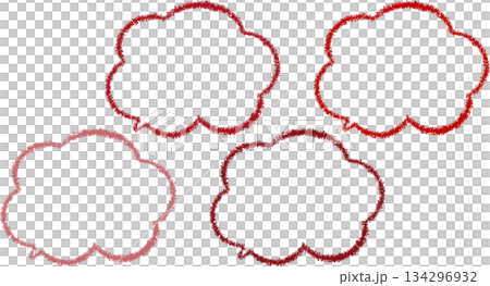 A set of four red speech bubbles drawn with red crayons. Cloud-shaped, hand-drawn style. Scribble. Cute. 134296932