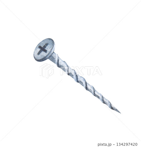 Watercolor illustration of a threaded steel screw on an insulated background. A clipart of a metal working tool for home repairs and construction services. 134297420