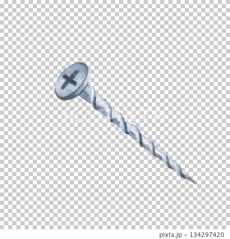 Watercolor illustration of a threaded steel screw on an insulated background. A clipart of a metal working tool for home repairs and construction services. Watercolor illustration of a threaded steel screw on an insulated background. A clipart of a metal working tool for home repairs and construction services. 134297420