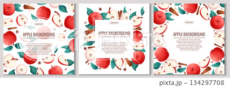 A set of colorful backgrounds with apples. Whole apple, half apple, sliced apple, cinnamon. Vector illustration for the design of posters, flyers, postcards and invitations A set of colorful backgrounds with apples. Whole apple, half apple, sliced apple, cinnamon. Vector illustration for the design of posters, flyers, postcards and invitations 134297708