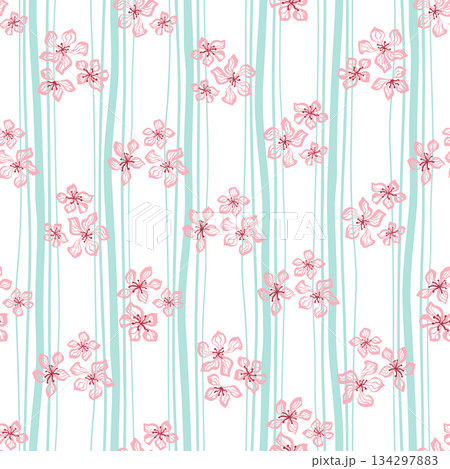 Floral striped seamless pattern in blue and pink colors. Cute hand drawn vector stripes and flowers print, wallpaper. Floral striped seamless pattern in blue and pink colors. Cute hand drawn vector stripes and flowers print, wallpaper. 134297883