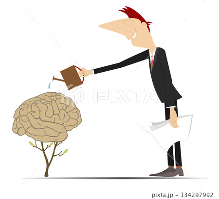 Man watering a human brain grows from the ground. Man waters the brain rooted in the ground like tree. Concept illustration of growth knowledge, intellect and connection with nature 134297992