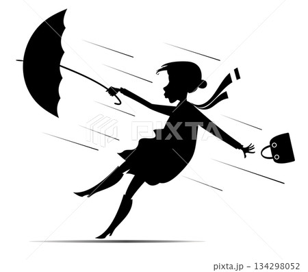 Woman, umbrella, windy and rainy day.  Young woman with umbrella standing on the strong wind. Black on white background 134298052