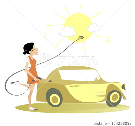 Young woman charging electric car. Ecological fuel. Woman fueling a car using energy of the sun 134298055