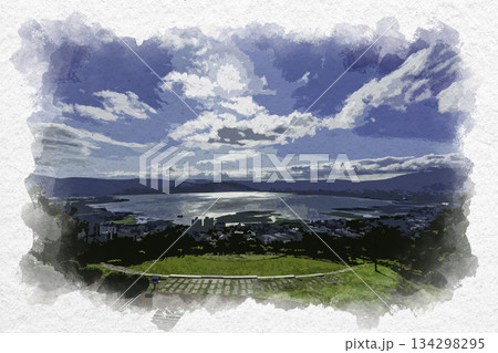 水彩画風　諏訪立石公園からの諏訪湖　長野県諏訪市 134298295