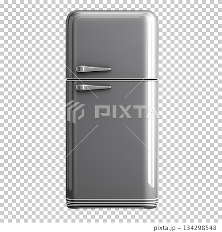 Retro Refrigerator in Blue Color Stands in a Kitchen Setting With Modern Decor and Lighting. Retro Refrigerator in Blue Color Stands in a Kitchen Setting With Modern Decor and Lighting. 134298548