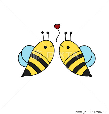 Two cartoon bees holding a heart 134298780