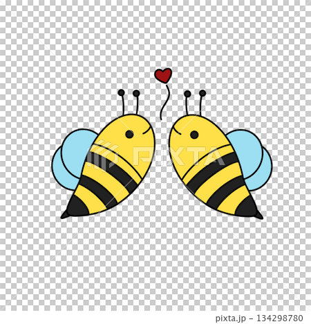 Two cartoon bees holding a heart 134298780